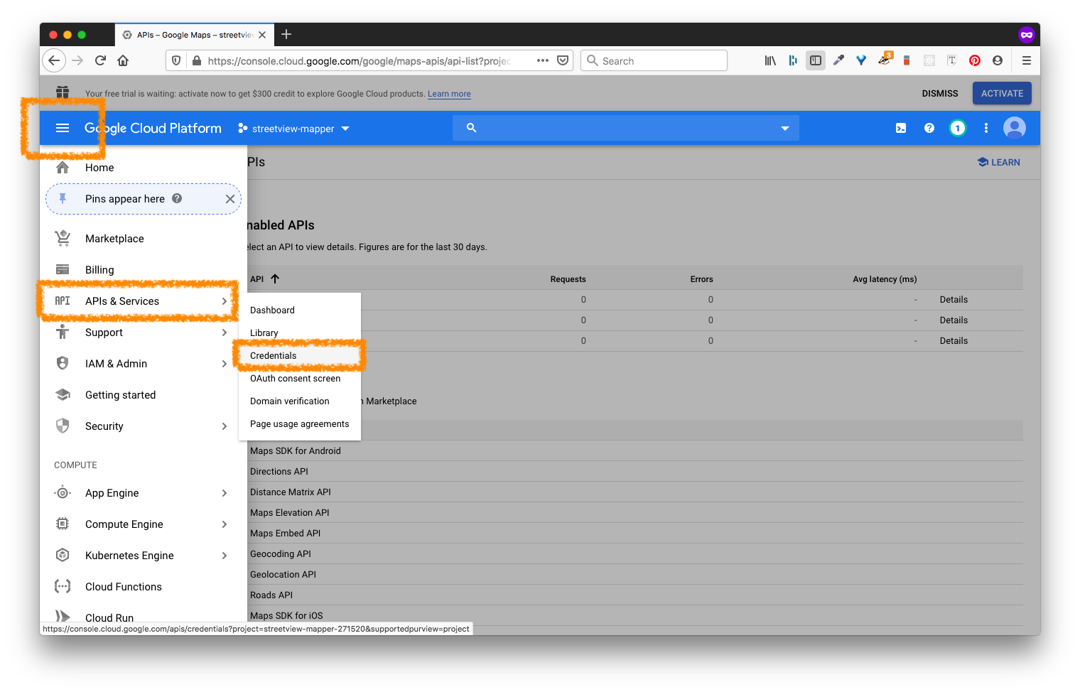 Navigate to credentials