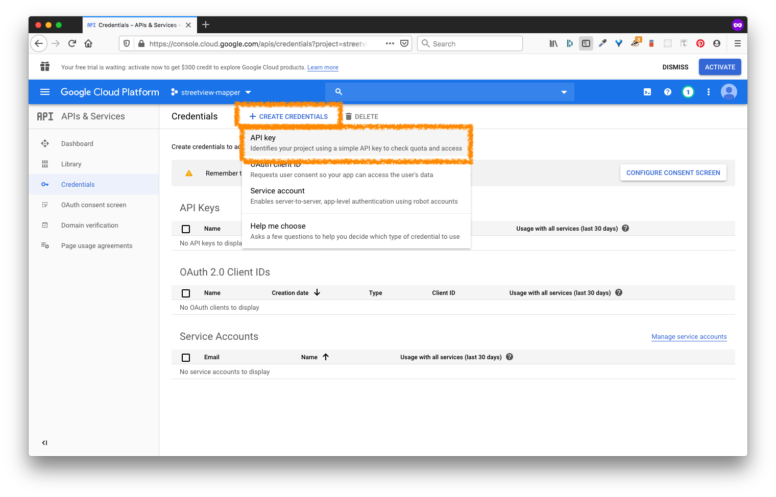 Navigate to credentials